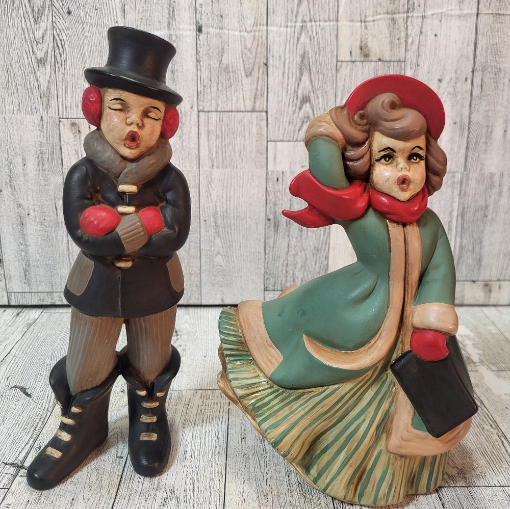 Set of 2 Vintage Atlantic Mold Hand Painted Ceramic Christmas Carolers Boy Girl